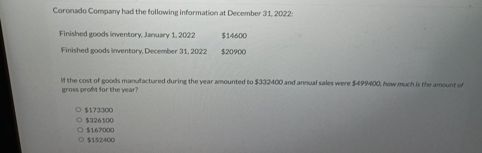 Solved Coronado Company Had The Following Information At Chegg