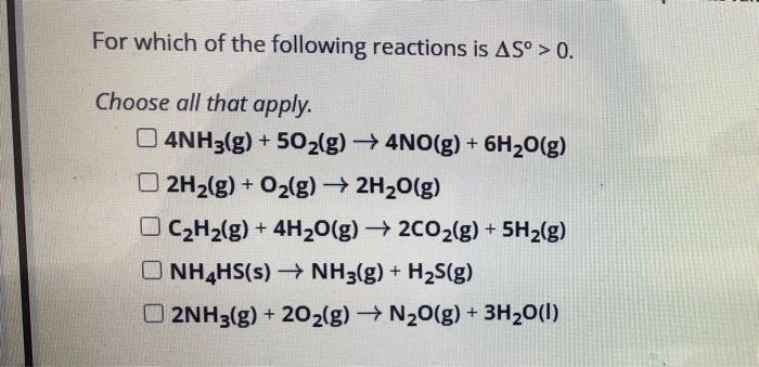 Solved For Which Of The Following Reactions Is S Choose Chegg