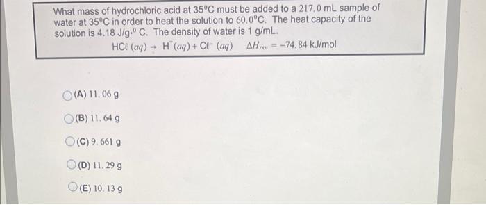 Solved What Mass Of Hydrochloric Acid At C Must Be Added Chegg