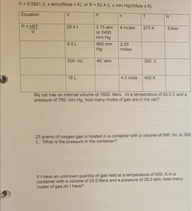 Solved Ideal Gas Law Using The Ideal Gas Law Pv Nrt Chegg