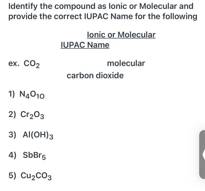 Solved Identify The Compound As Lonic Or Molecular And Chegg