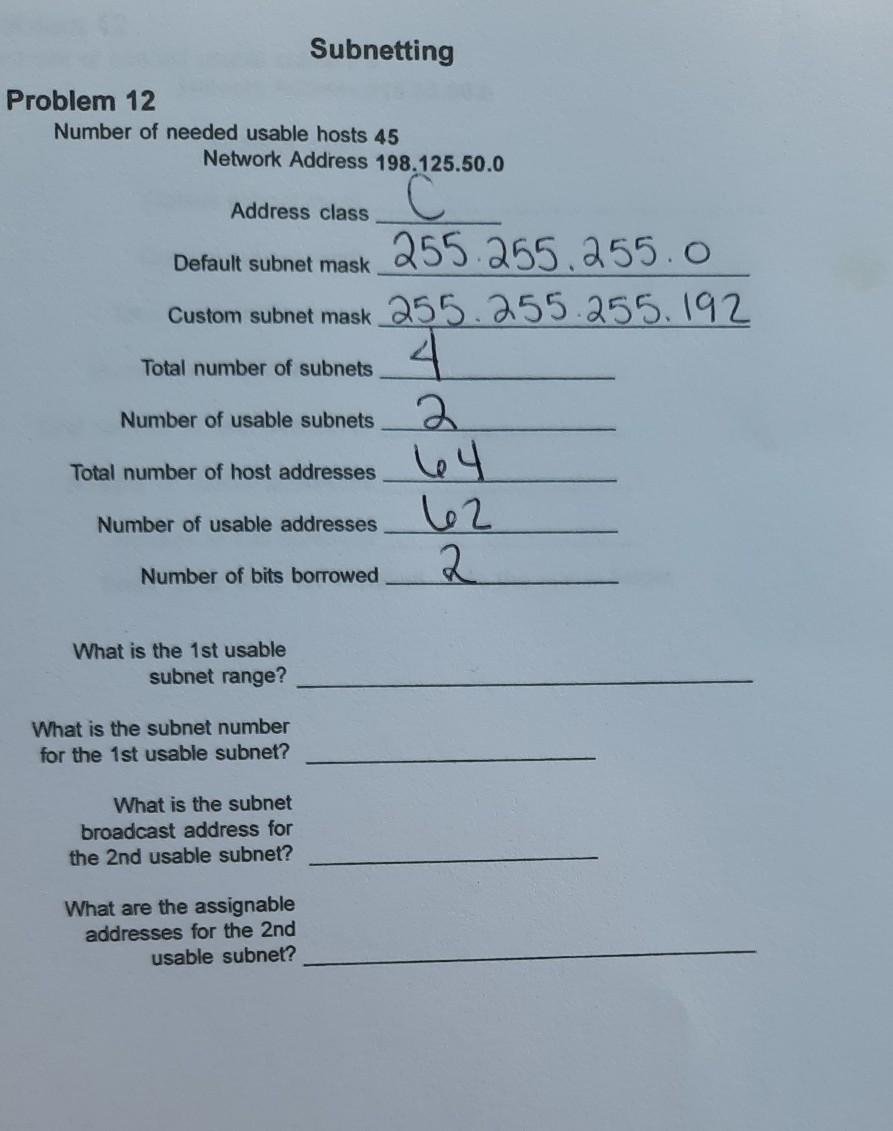 Solved Subnetting Problem 12 Number Of Needed Usable Hosts Chegg