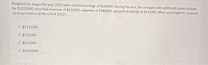 Solved Kingbird Inc Began The Year With Retained Chegg