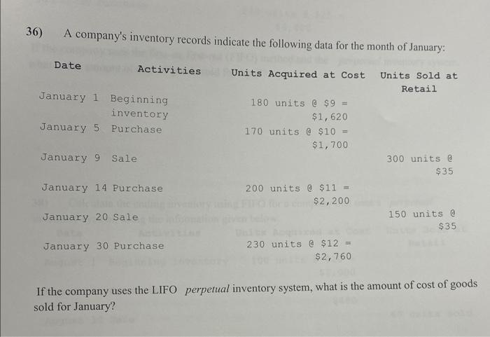 Solved A Company S Inventory Records Indicate The Chegg