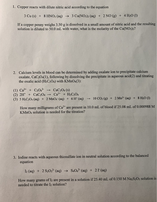 Solved Copper Reacts With Dilute Nitric Acid According To Chegg