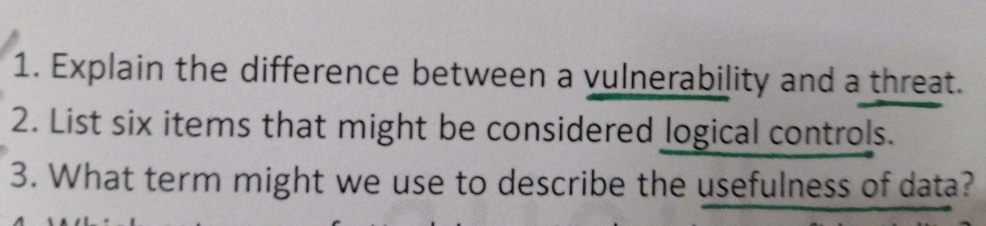 Solved Explain The Difference Between A Vulnerability And Chegg