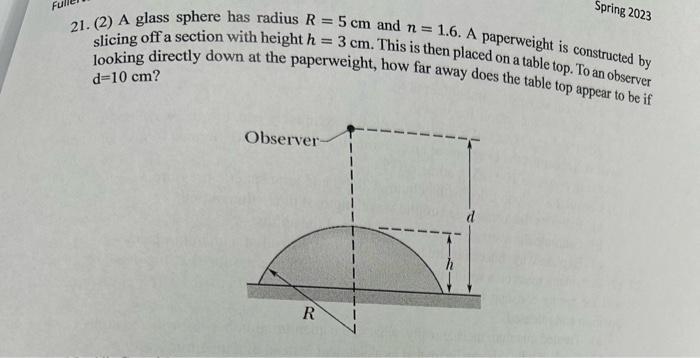 Solved A Glass Sphere Has Radius R Cm And N A Chegg