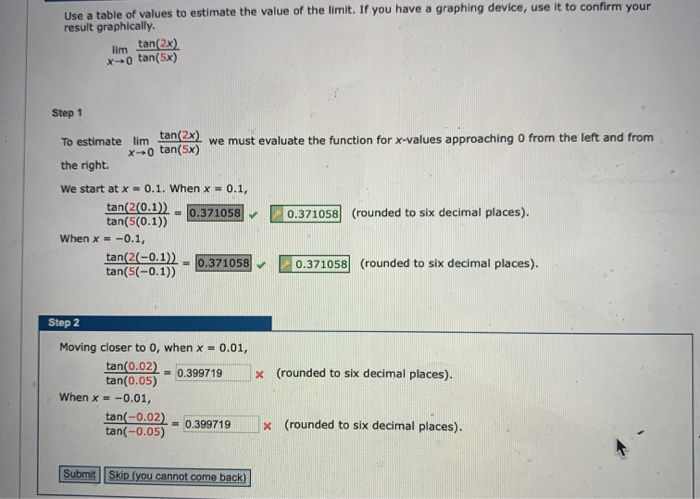 Solved Use A Table Of Values To Estimate The Value Of The Chegg