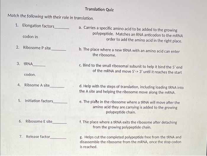 Solved Translation Quiz Match The Following With Their Role Chegg