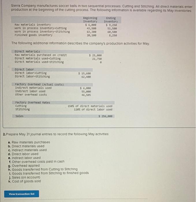 Solved Sierra Company Manufactures Soccer Balis In Two Chegg