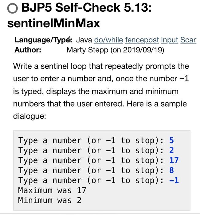 Solved BJP5 Self Check 5 13 sentinelMinMax Language Typé Chegg