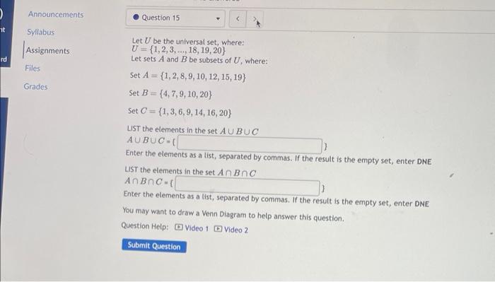 Solved Let U Be The Universal Set Where Chegg