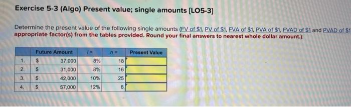 Solved Exercise Algo Present Value Single Amounts Chegg