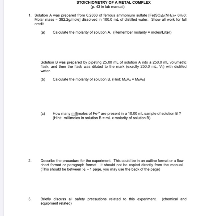 Stoichiometry Of A Metal Complex P In Lab Chegg
