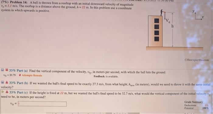 Solved Problem A Ball Is Thrown From A Rooftop With Chegg