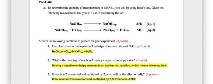 Solved Pre Lab A To Determine The Enthalpy Of Chegg