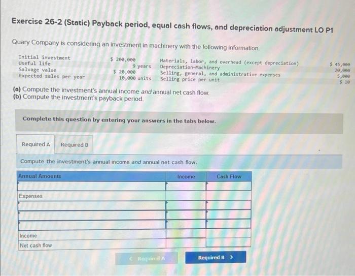 Solved Exercise Static Payback Period Equal Cash Chegg