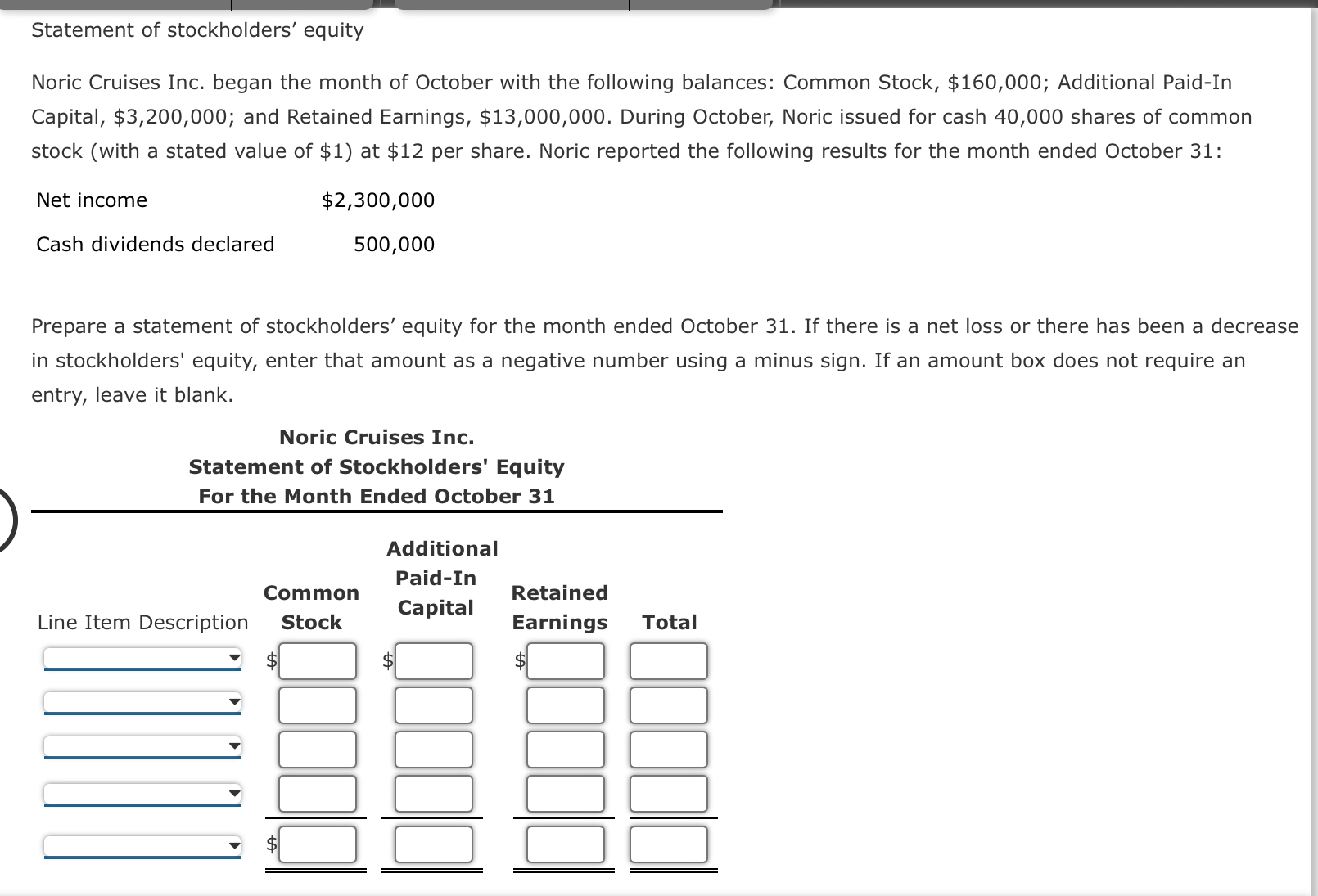 Solved Statement Of Stockholders Equitynoric Cruises Inc Chegg