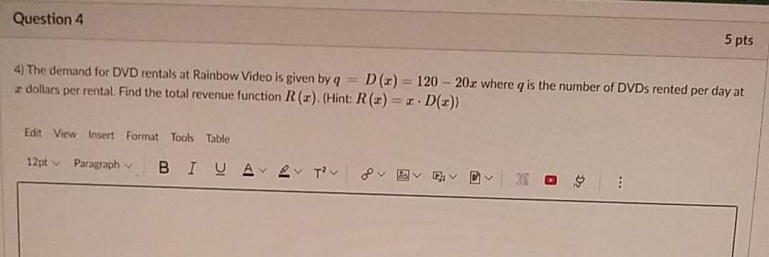 Solved Question 4 5 Pts 4 The Demand For DVD Rentals At Chegg