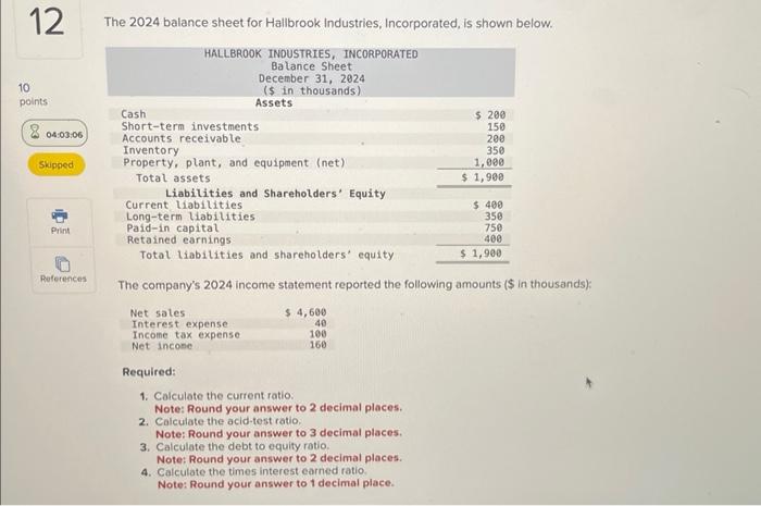 Solved The 2024 Balance Sheet For Hallbrook Industries