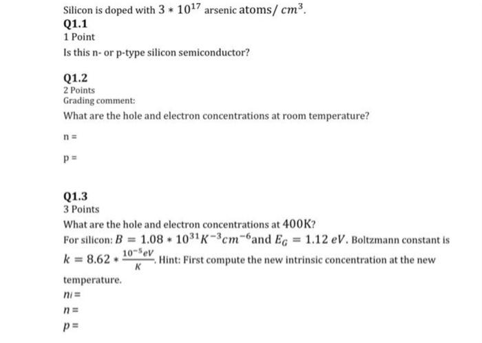 Solved Silicon Is Doped With Arsenic Atoms Cm Q Chegg