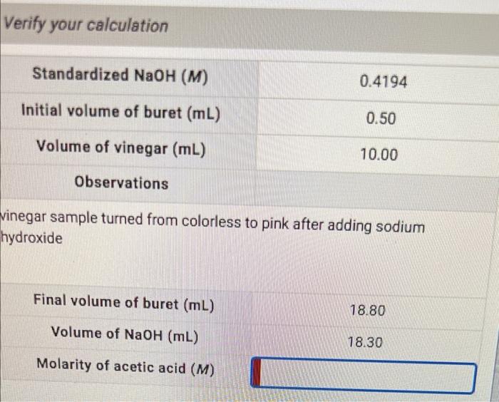 Solved Verify Your Calculation Standardized NaOH M 0 4194 Chegg