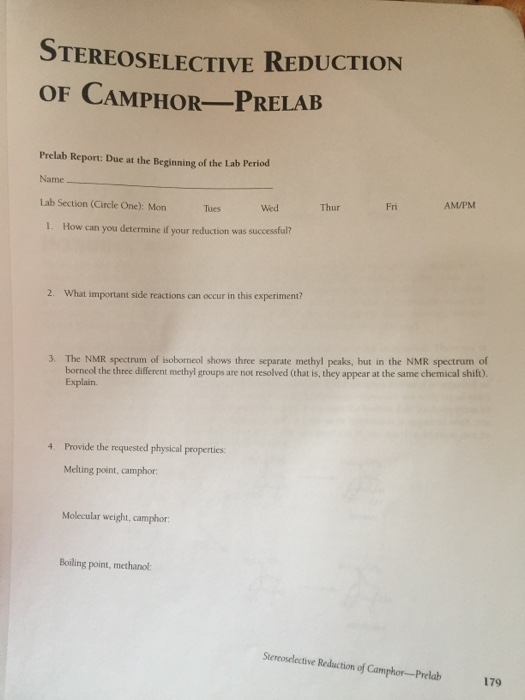 Solved Stereoselective Reduction Of Camphorprelab Prelab Chegg