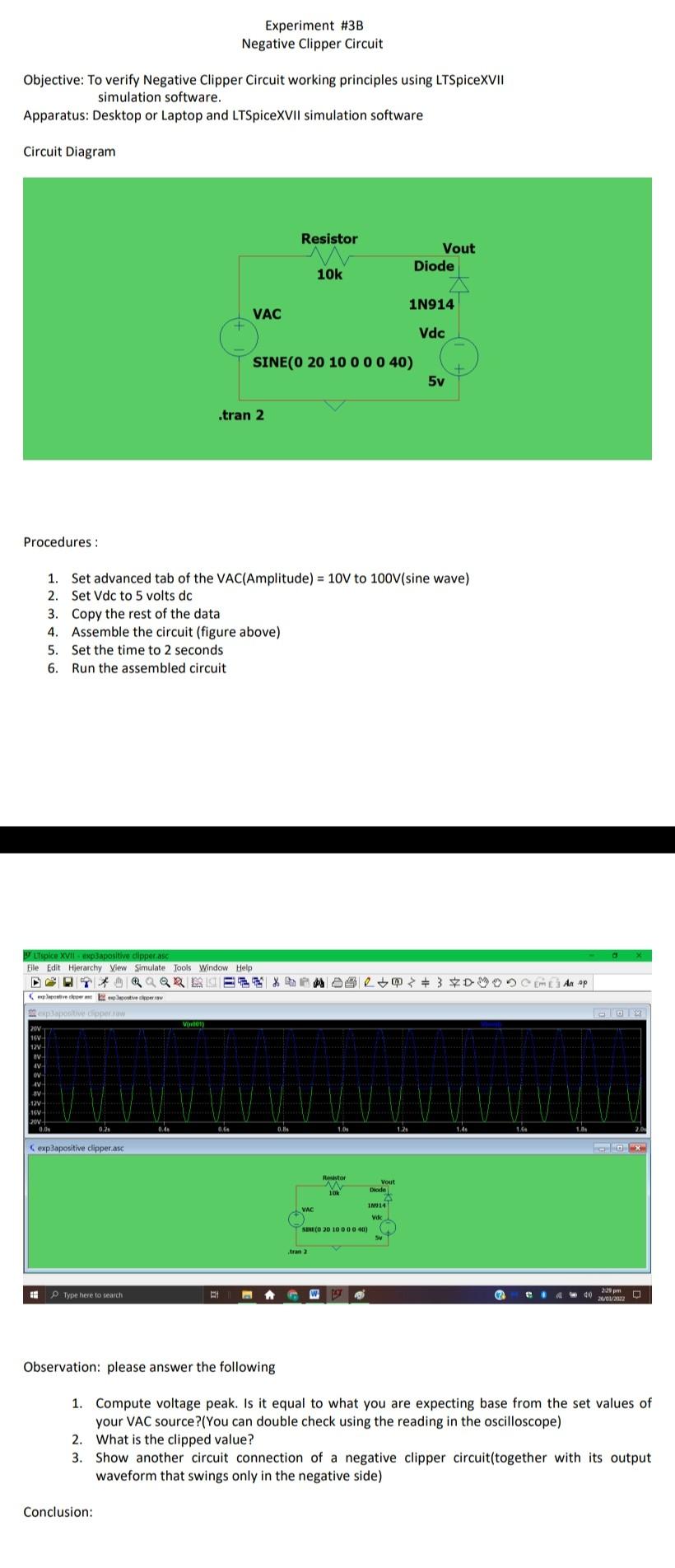 Solved Experiment B Negative Clipper Circuit Objective To Chegg