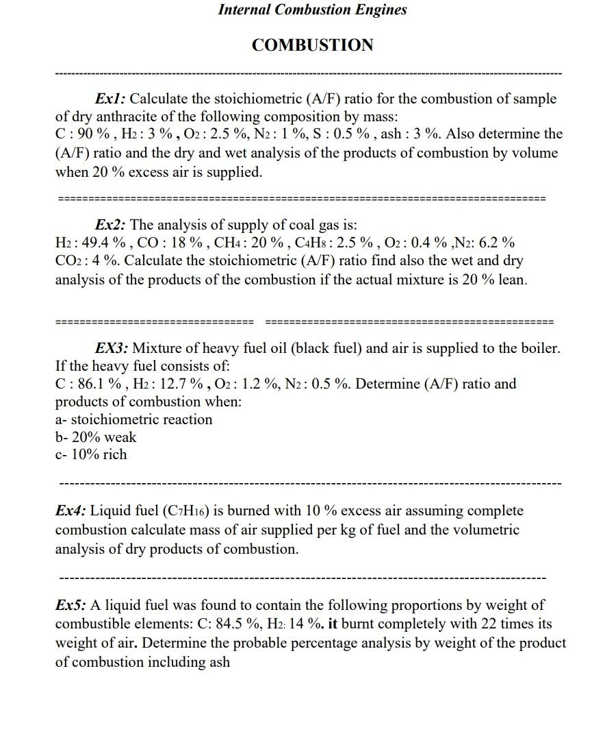 Ex Calculate The Stoichiometric A F Ratio For The Chegg