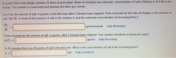 Solved Point A Fish Tank Initially Contains Liters Of Chegg