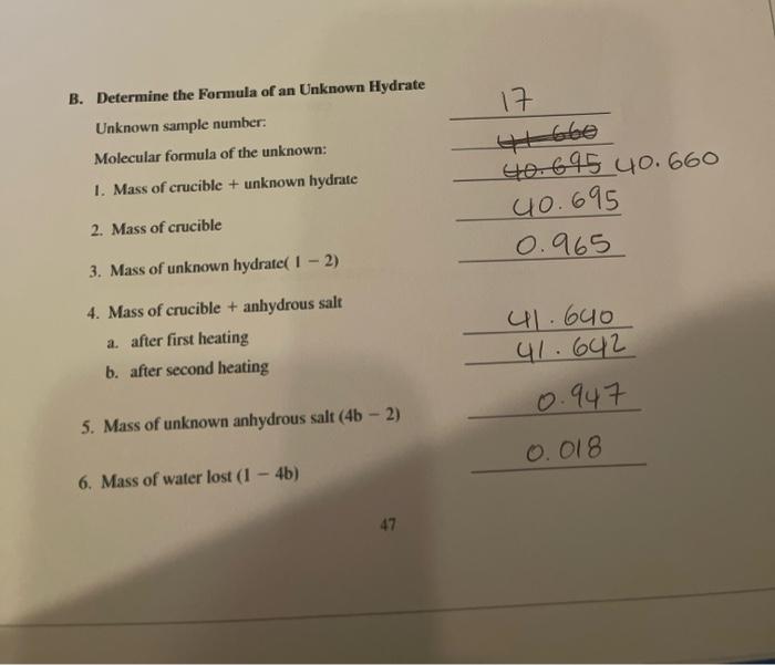 Solved B Determine The Formula Of An Unknown Hydrate Chegg