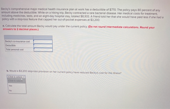 Solved Becky S Comprehensive Major Medical Health Insurance Chegg