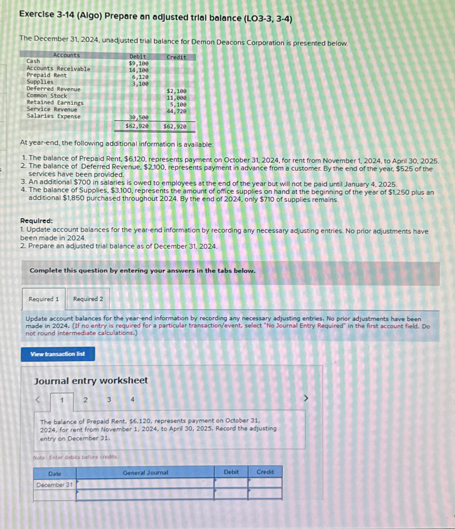 Solved Exercise 3 14 Algo Prepare An Adjusted Trial Chegg