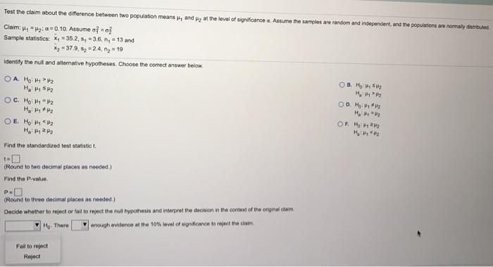 Solved Test The Claim About The Difference Between Two Chegg