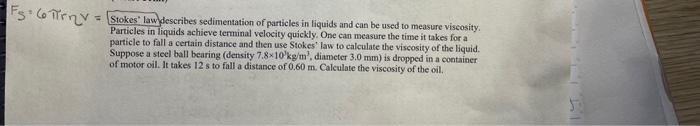 Solved Fs Co Tr V Stokes Law Describes Sedimentation Of Chegg