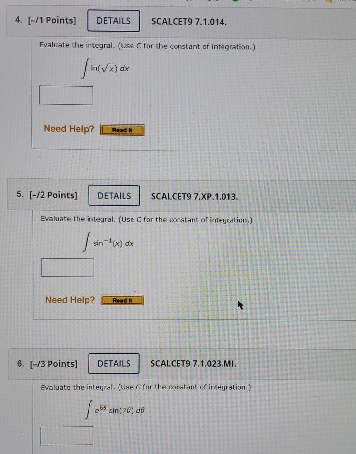 Solved 4 1 Points DETAILS SCALCET9 7 1 014 Evaluate Chegg