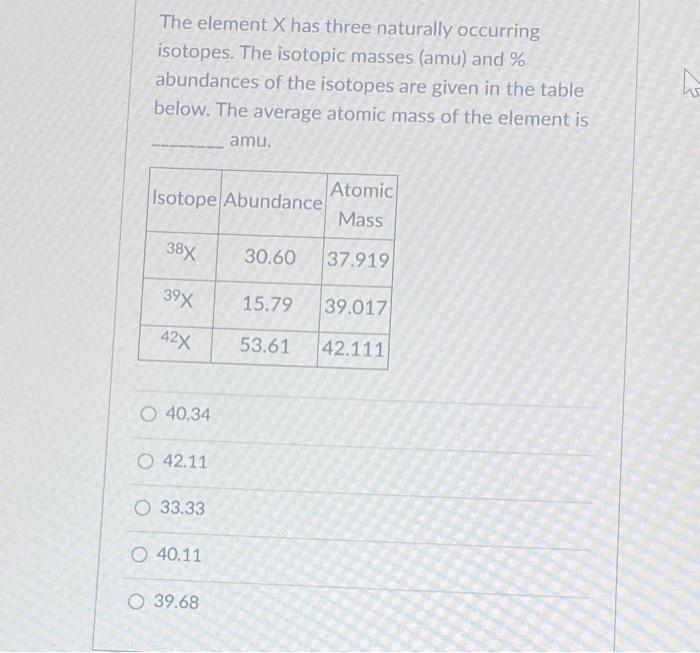 Solved The Element X Has Three Naturally Occurring Isotopes Chegg