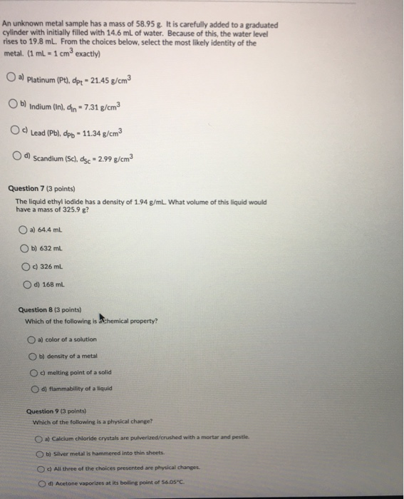 Solved An Unknown Metal Sample Has A Mass Of G It Is Chegg
