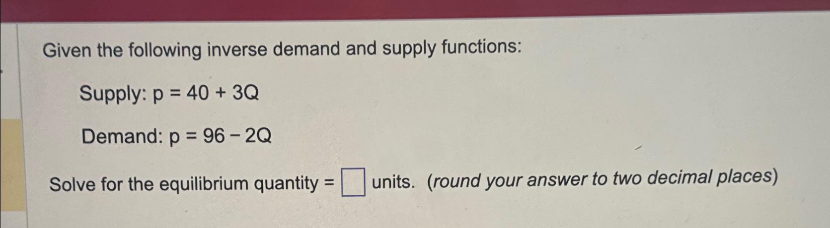 Solved Given The Following Inverse Demand And Supply Chegg