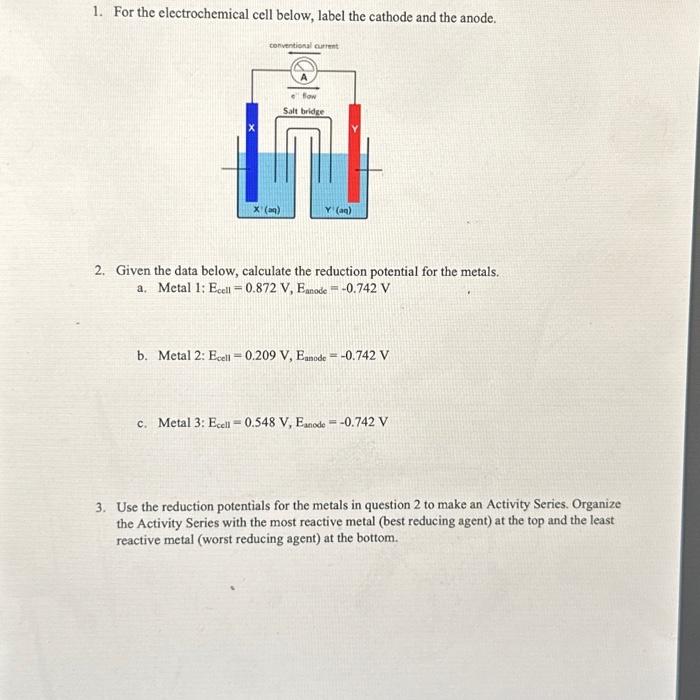 Solved For The Electrochemical Cell Below Label The