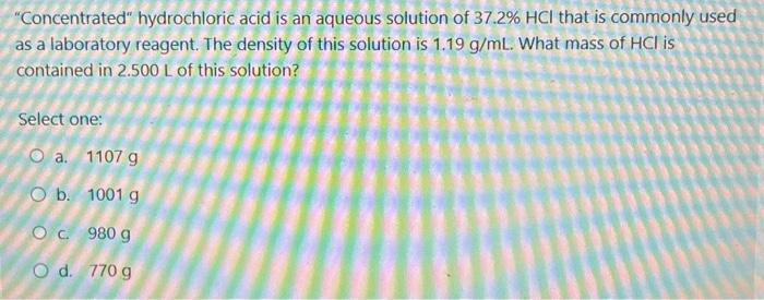 Solved Concentrated Hydrochloric Acid Is An Aqueous Chegg