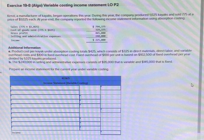 Solved Exercise Algo Variable Costing Income Stat