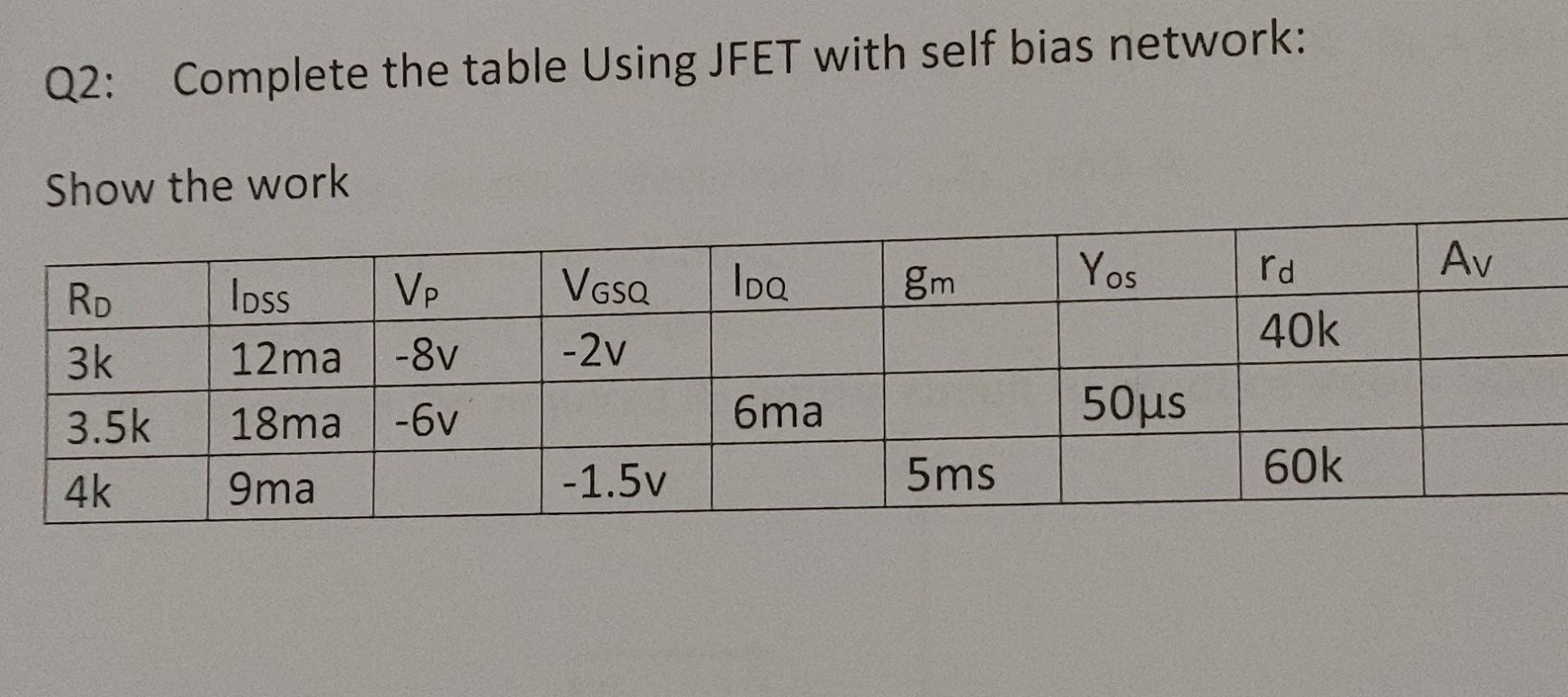 Solved Q Complete The Table Using Jfet With Self Bias Chegg