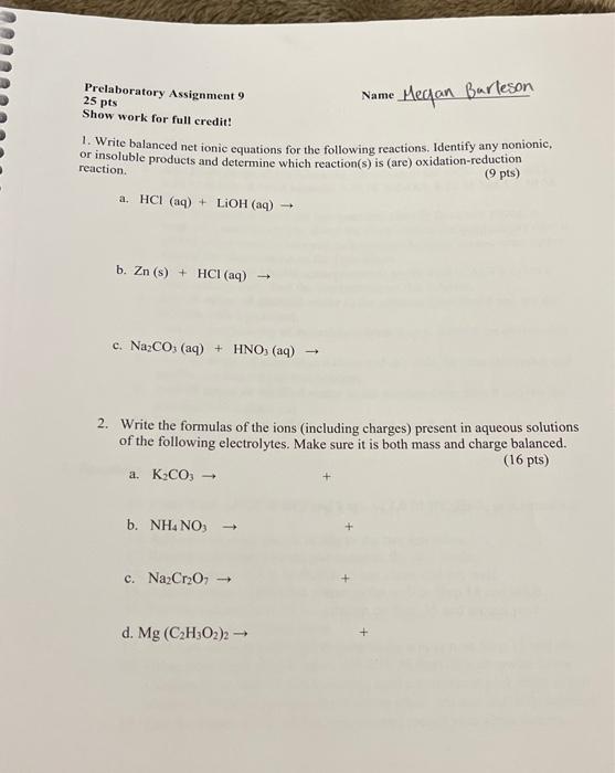 Solved Prelaboratory Assignment 9 25 Pts Show Work For Full Chegg