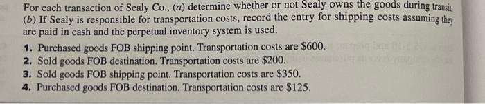 Solved For Each Transaction Of Sealy Co A Determine Chegg