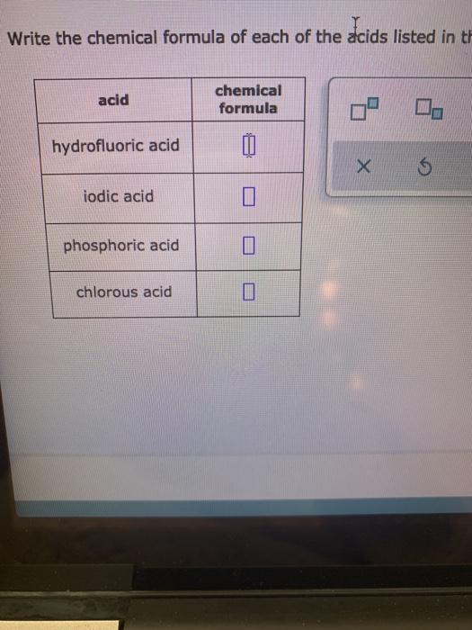 Solved Write The Chemical Formula Of Each Of The Acids Chegg