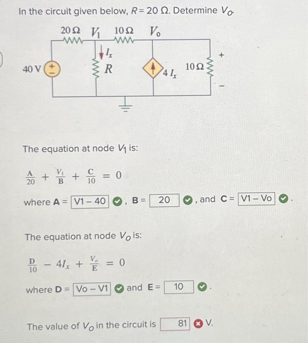 Solved In The Circuit Given Below R 20 2 Determine Vo Vo Chegg