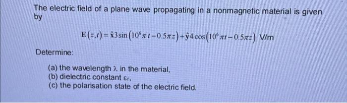 The Electric Field Of A Plane Wave Propagating In A Chegg