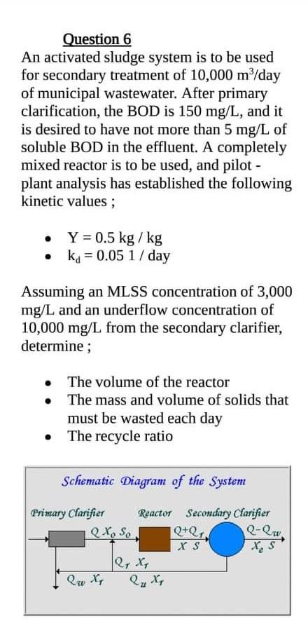 Solved Question 6 An Activated Sludge System Is To Be Used Chegg