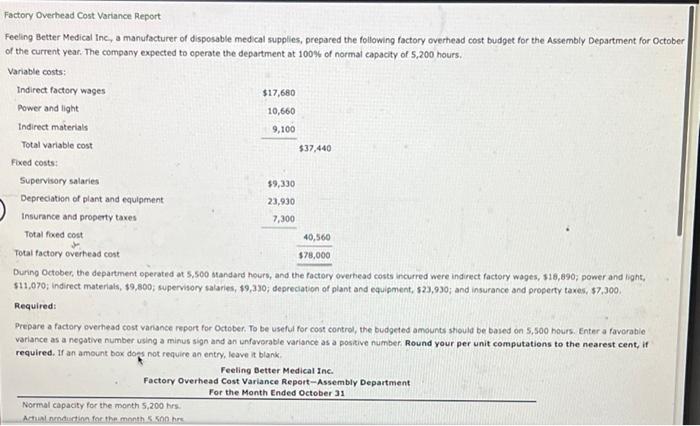 Solved Factory Overhead Cost Variance Report Feeling Better Chegg